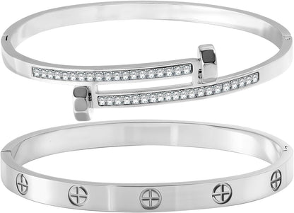 2PCS Gold Bracelets for Women Friendship & Love Theme Crystal Bangle Set Stainless Steel Non Tarnish Jewelry, Ideal Birthday Gift.