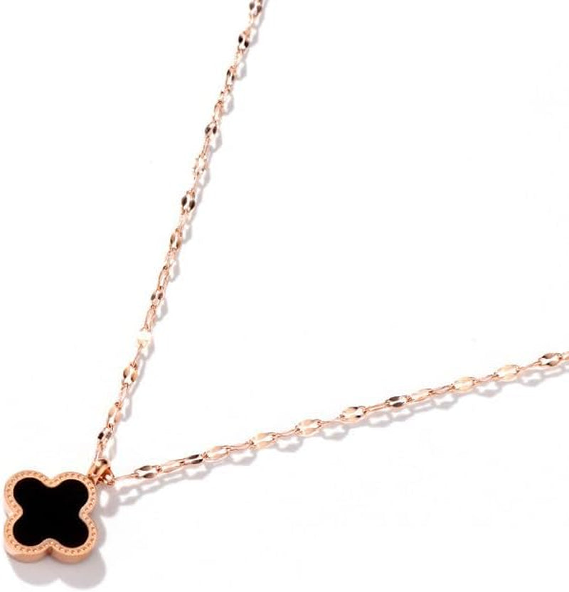 Reversible Clover Pendant Necklace – Titanium Steel Gold Chain – Black & Red Enamel – Four Leaf Lucky Charm Jewelry for Women