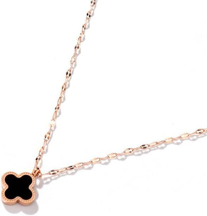 Reversible Clover Pendant Necklace – Titanium Steel Gold Chain – Black & Red Enamel – Four Leaf Lucky Charm Jewelry for Women