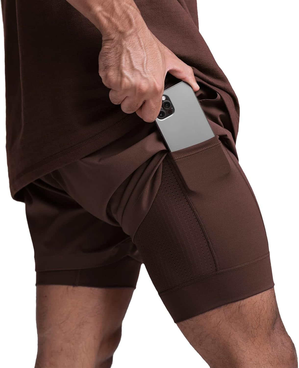 Black men's 2-in-1 running shorts front view with phone pocket