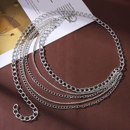 DRESBE Silver Chain Belt Rhinestone Waist Chains Boho Belly Body Chain Jewelry for Women