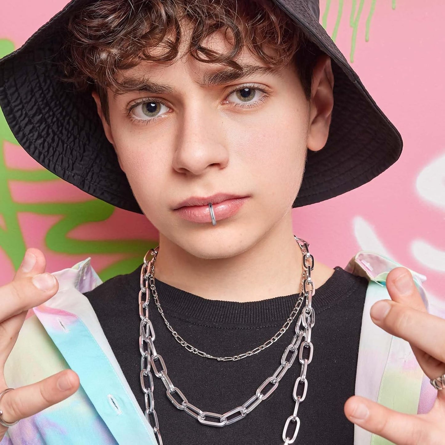 Fake Lip Ring, 12 Pcs Stainless Steel Fake Lip Piercing 8Mm Faux Nose Rings Clip on Nose Ring Ear Cuffs Non Piercing Jewelry for Women Men (Silver, Black)