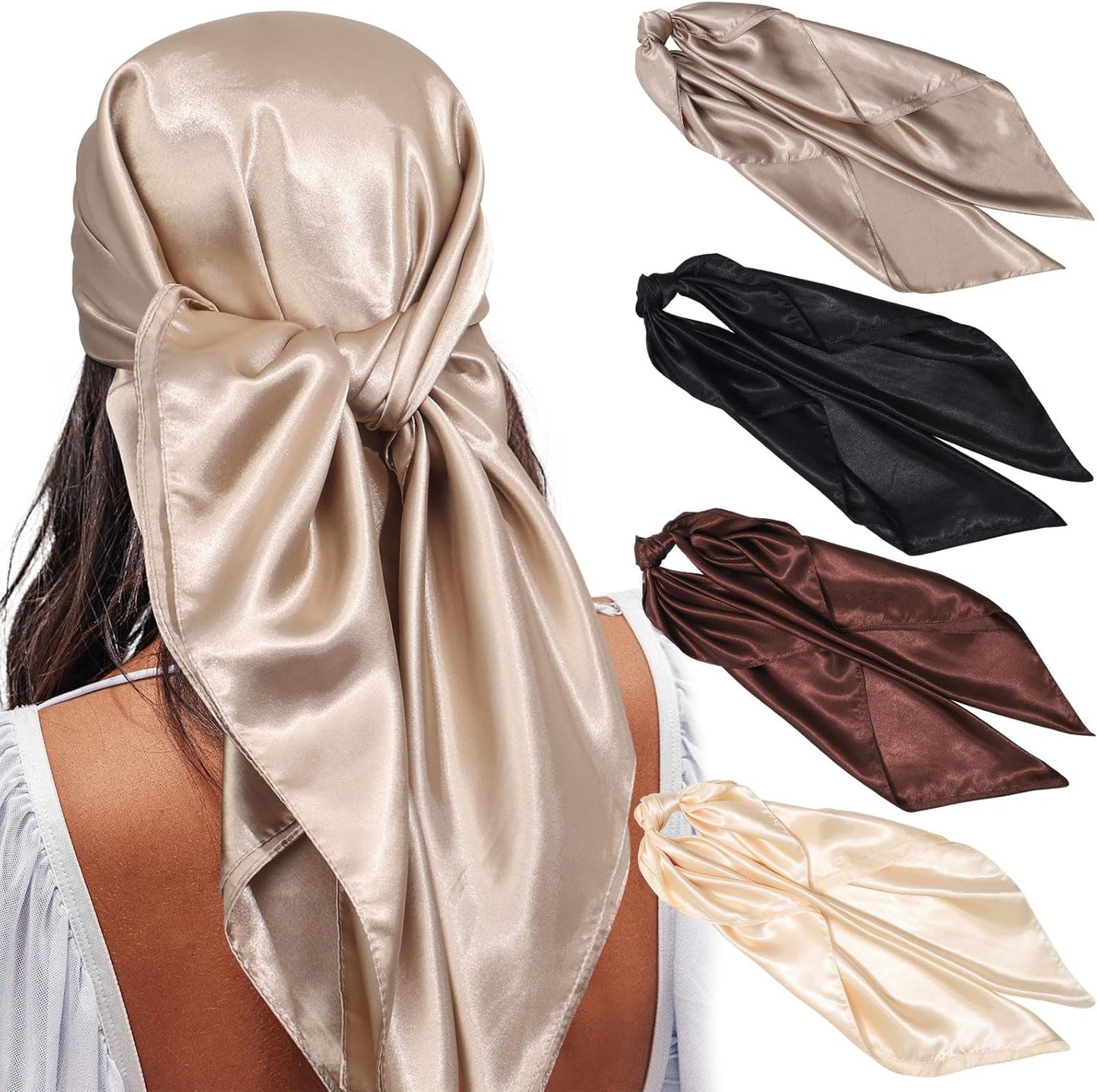 AWAYTR 35” Satin Large Square Head Scarves - 4PCS Silk like Neck Scarf Hair Sleeping Wraps Satin Silk Scarfs for Women