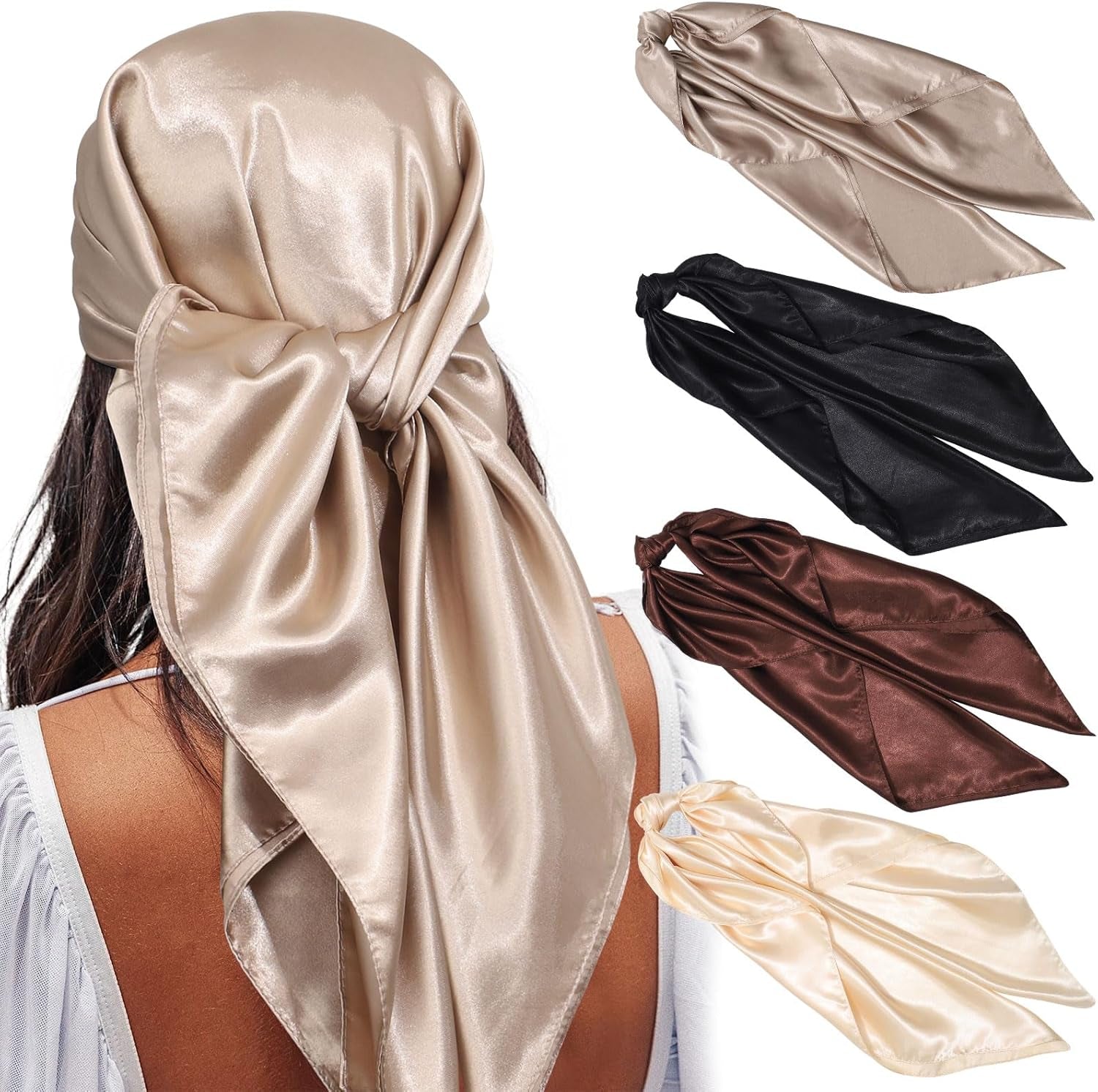 AWAYTR 35” Satin Large Square Head Scarves - 4PCS Silk like Neck Scarf Hair Sleeping Wraps Satin Silk Scarfs for Women