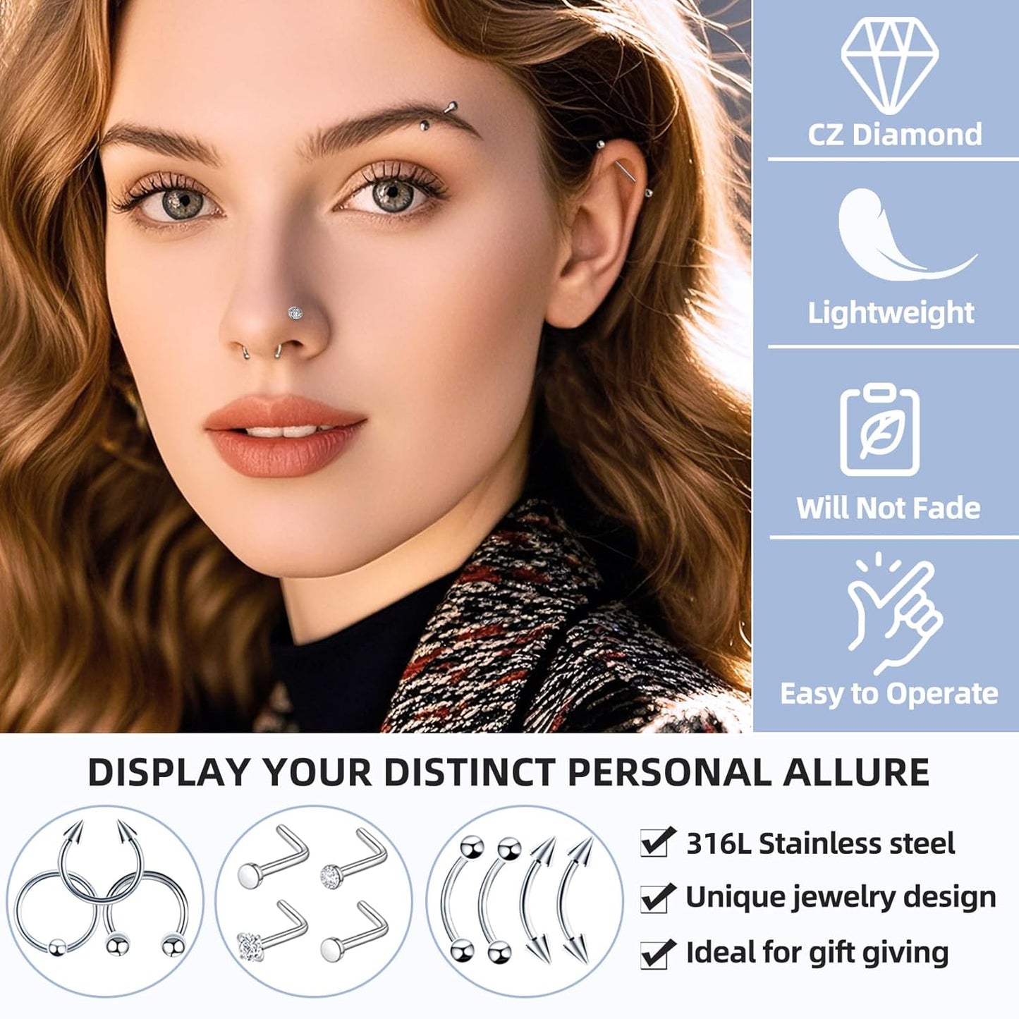 80PCS Nose Piercing Kit: Stainless Steel Body Piercing Jewelry with 12G, 14G, 16G, 20G Needles for Ear, Nose, Lip, Eyebrow