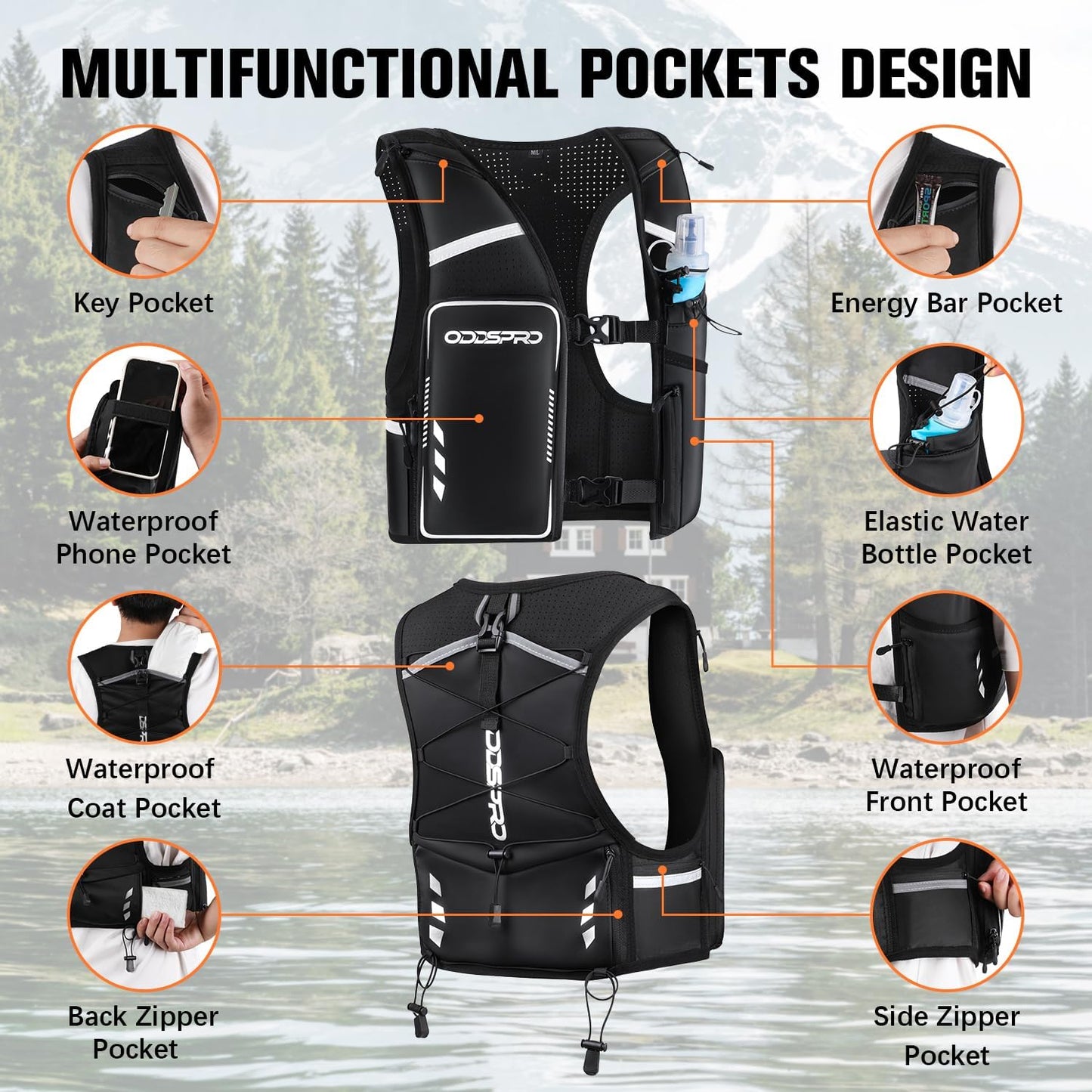 Running hydration vest displaying all zipper pockets