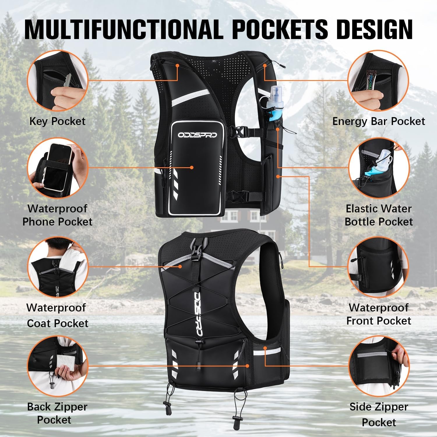 Running hydration vest displaying all zipper pockets
