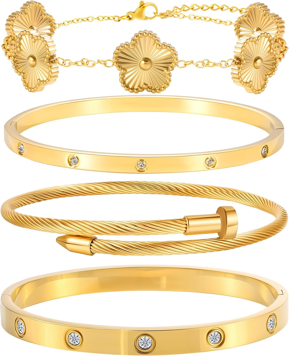 18K Gold Bracelets for Women - Stackable Clover & Nail Love Bangle Set - Non-Tarnish Stainless Steel Jewelry Gift for Valentine'S, Mother'S Day & Christmas