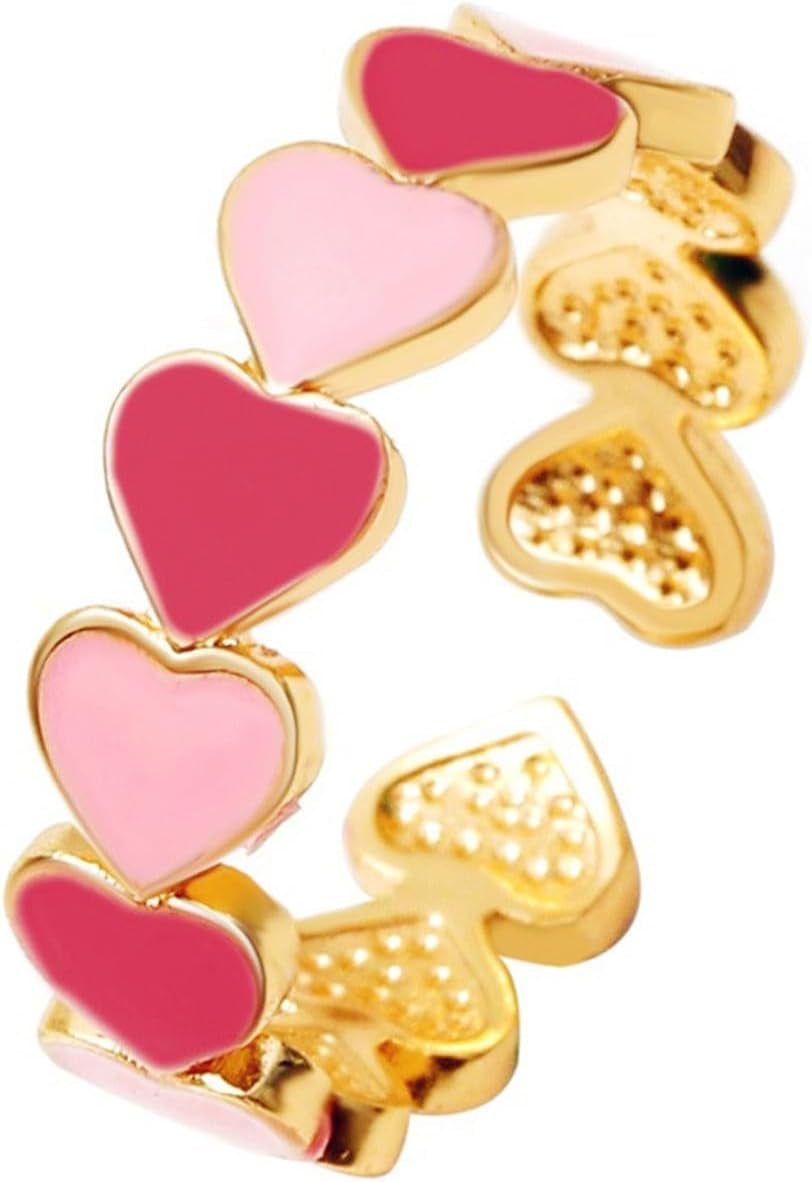 Colorful Enamel Heart Finger Ring Gold Silver Plated Sweet Pink Love Hearts Adjustable Open Promise Rings for Women Wedding Bridal Birthday Party Valentines Day Christmas Fashion Jewelry Gifts
