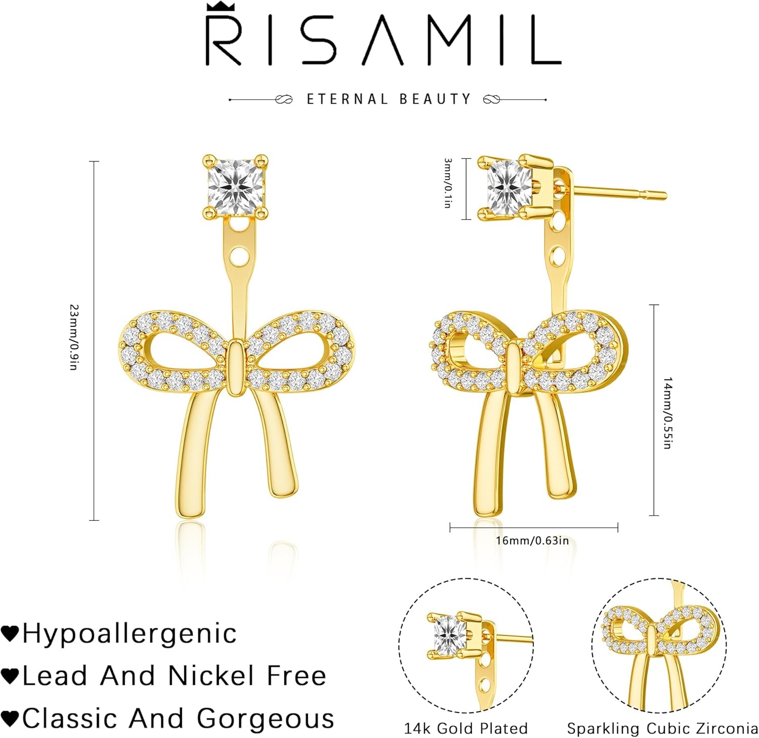 Risamil 14K Gold Plated/Silver Earrings for Women Trendy, Dainty Bow Earrings for Women Cute Pearl Huggie Earring Hoops Twist Rope Bow Stud Pearl Dangle Cubic Zirconia Earrings Jewelry Gifts