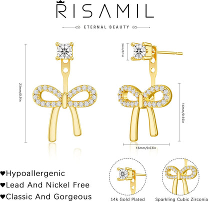 Risamil 14K Gold Plated/Silver Earrings for Women Trendy, Dainty Bow Earrings for Women Cute Pearl Huggie Earring Hoops Twist Rope Bow Stud Pearl Dangle Cubic Zirconia Earrings Jewelry Gifts
