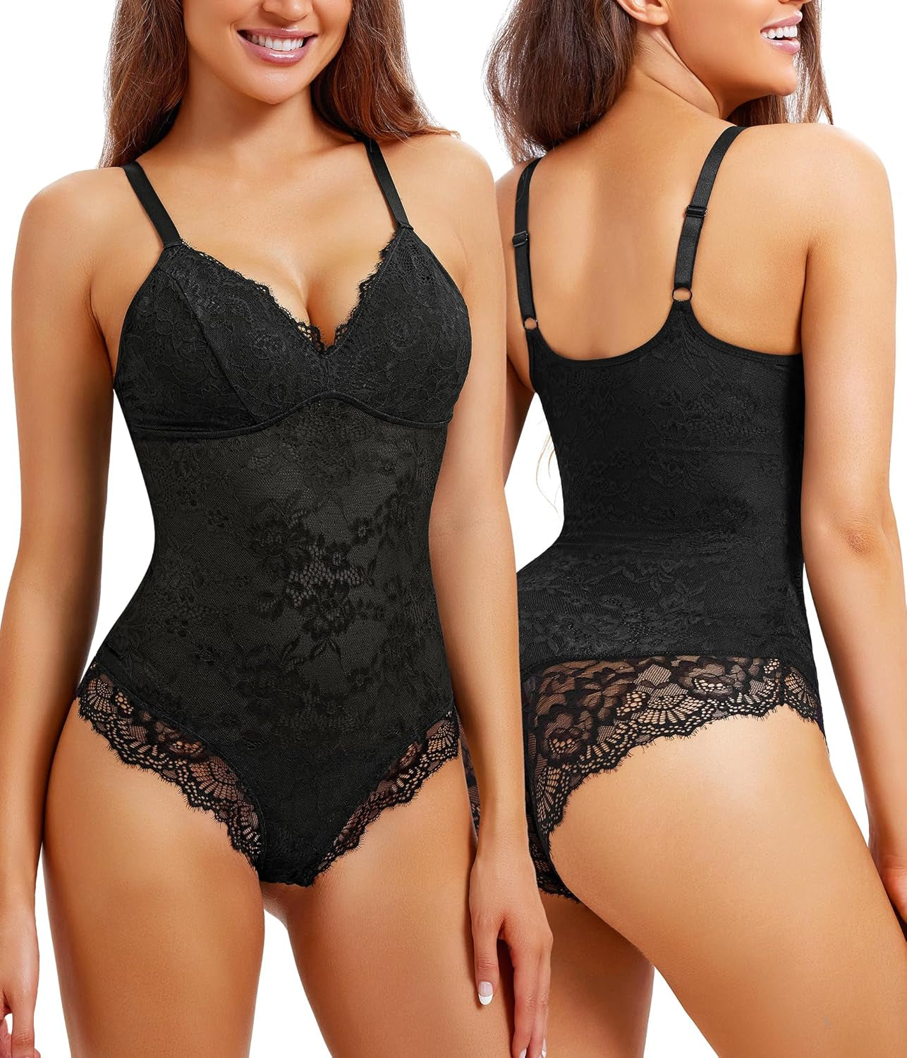 REYEOGO lace shapewear bodysuit front view with V-neck design