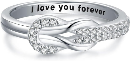 Mother daughter sterling silver knot ring engraved I Love You Forever