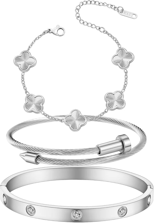 Womens Bracelet 18K Gold Plated Cuff Bangle Clover Bracelet Set for Women Four Leaf Lucky Bangle Jewelry Gift of Love