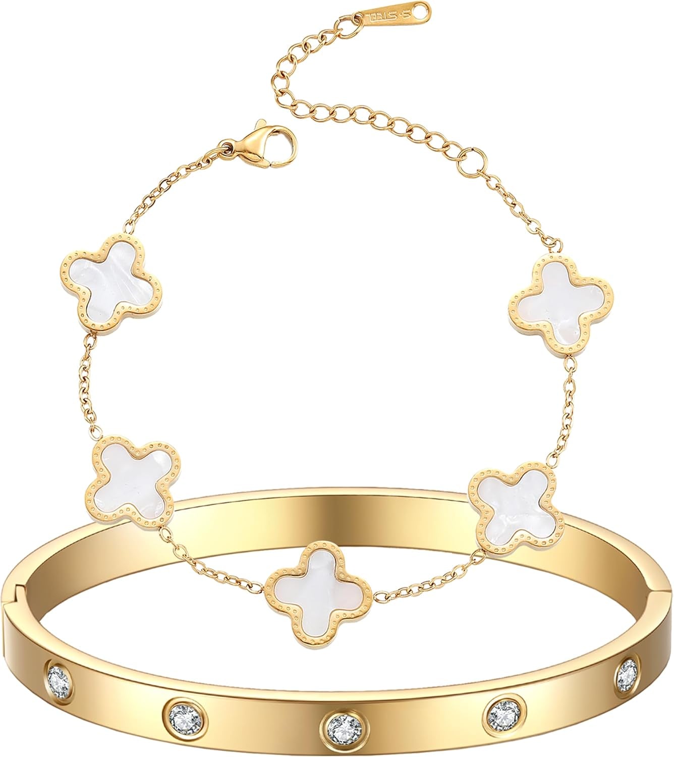 18K Gold Plated Clover Bracelet Love Bangle Set for Women Stackable Cute Fashion Simple Friendship Bracelets Lucky Bracelet Jewelry Trendy Gifts for Women