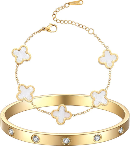 18K Gold Plated Clover Bracelet Love Bangle Set for Women Stackable Cute Fashion Simple Friendship Bracelets Lucky Bracelet Jewelry Trendy Gifts for Women