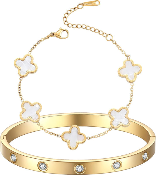 18K Gold Plated Clover Bracelet Love Bangle Set for Women Stackable Cute Fashion Simple Friendship Bracelets Lucky Bracelet Jewelry Trendy Gifts for Women