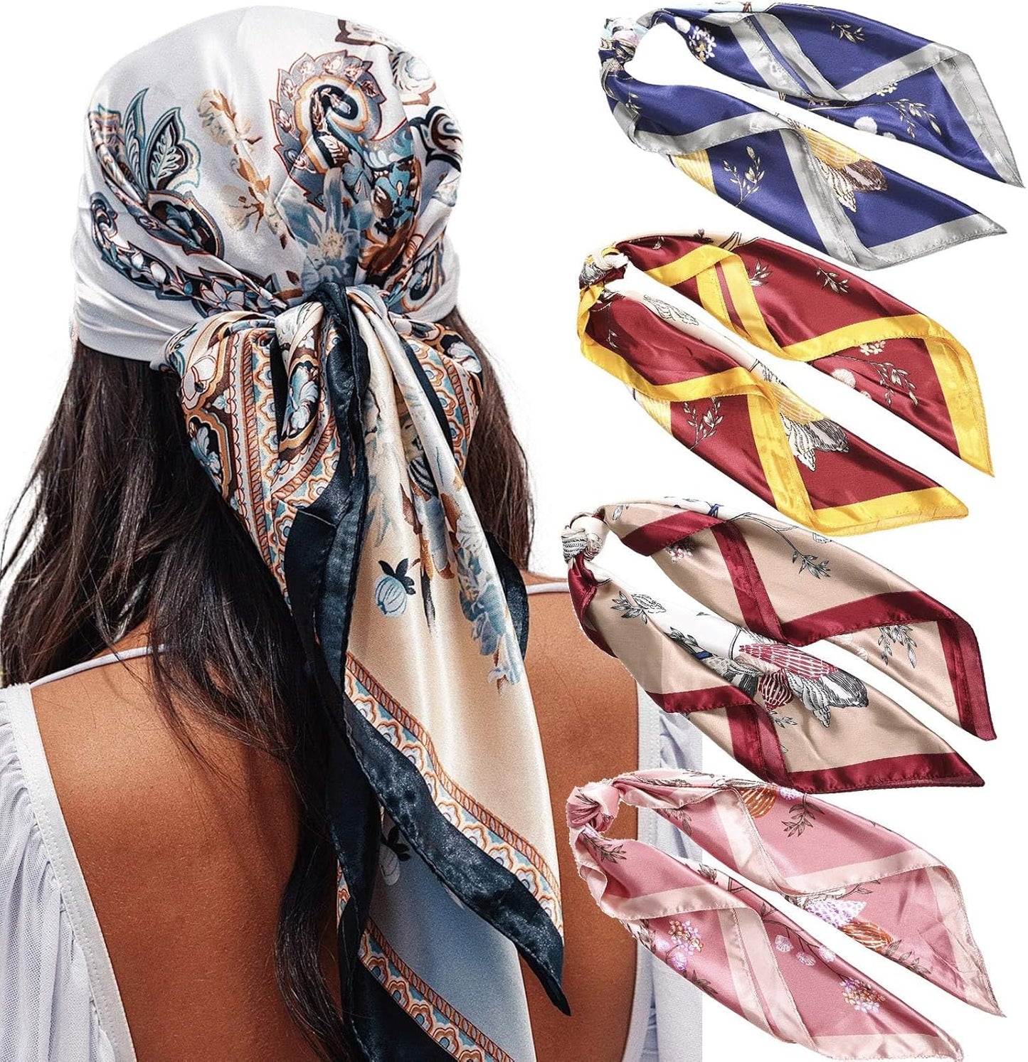 AWAYTR 35” Satin Large Square Head Scarves - 4PCS Silk like Neck Scarf Hair Sleeping Wraps Satin Silk Scarfs for Women