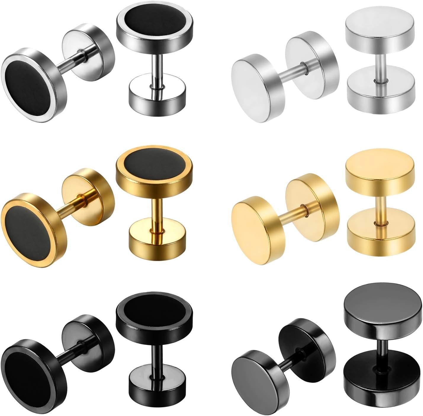 Aroncent 6 Pairs 4-14Mm Black Earrings for Men Women Fake Gauges Fake Earrings Stainless Steel Earrings Set