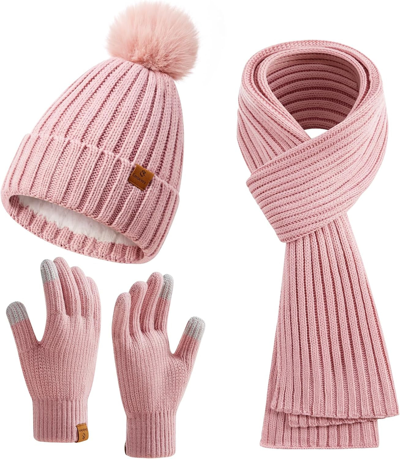 Coolprince Womens Long Scarf Gloves and Hat Set Cold Weather Hat Scarf Glove Set for Women Winter Beanie Hats with Pom Pom