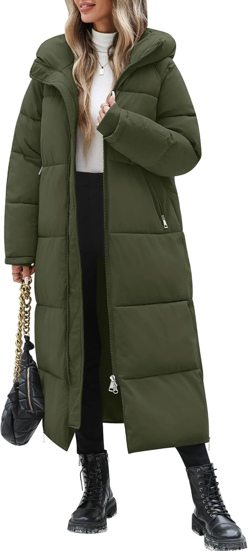 HEEKPEK Women Long Winter Coat Thickened Quilted Puffer Coats Hooded Full Length Padded Trendy Warm Outerwear with Hem Slit