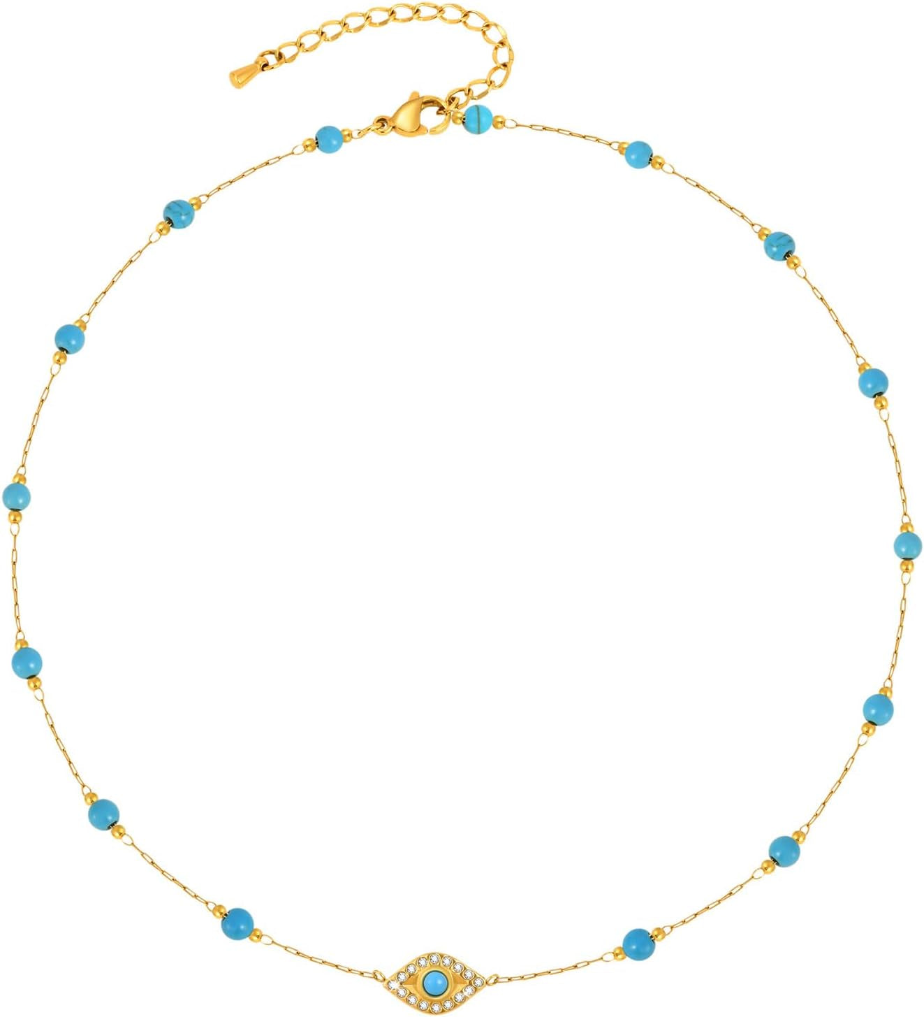 Gold Evil Eye Turquoise Necklace - 14K Gold Plated Turquoise Beaded Necklaces,Non Tarnish Golden Lucky Protection Western Jewelry,Trendy Boho Evil Eye Choker Gifts for Women Girlfriend Sister Wife