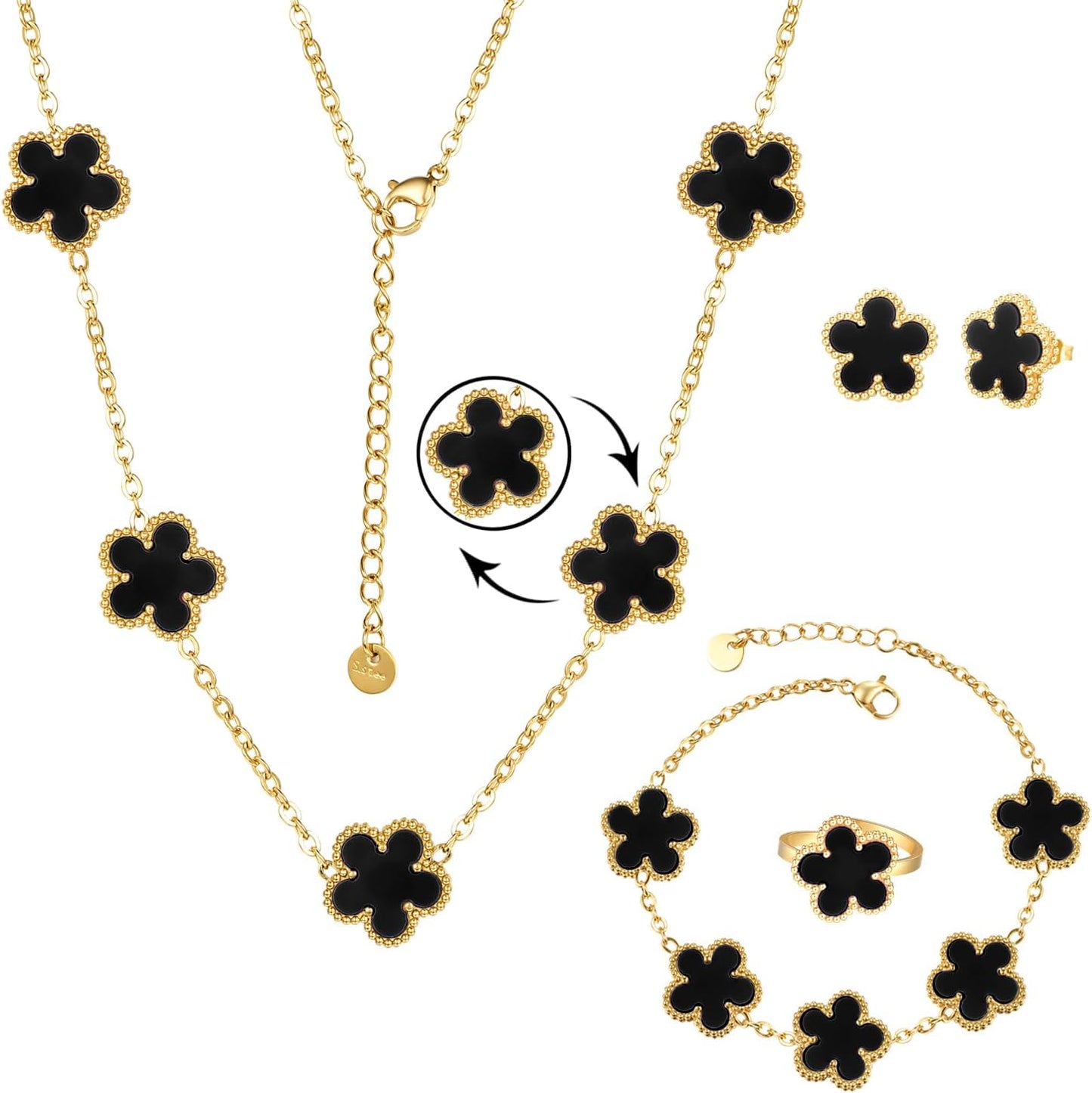 14K Gold Plated Double Sided Clover Bracelet Earring Necklace Rings Clover Sets for Women Lucky Jewelry