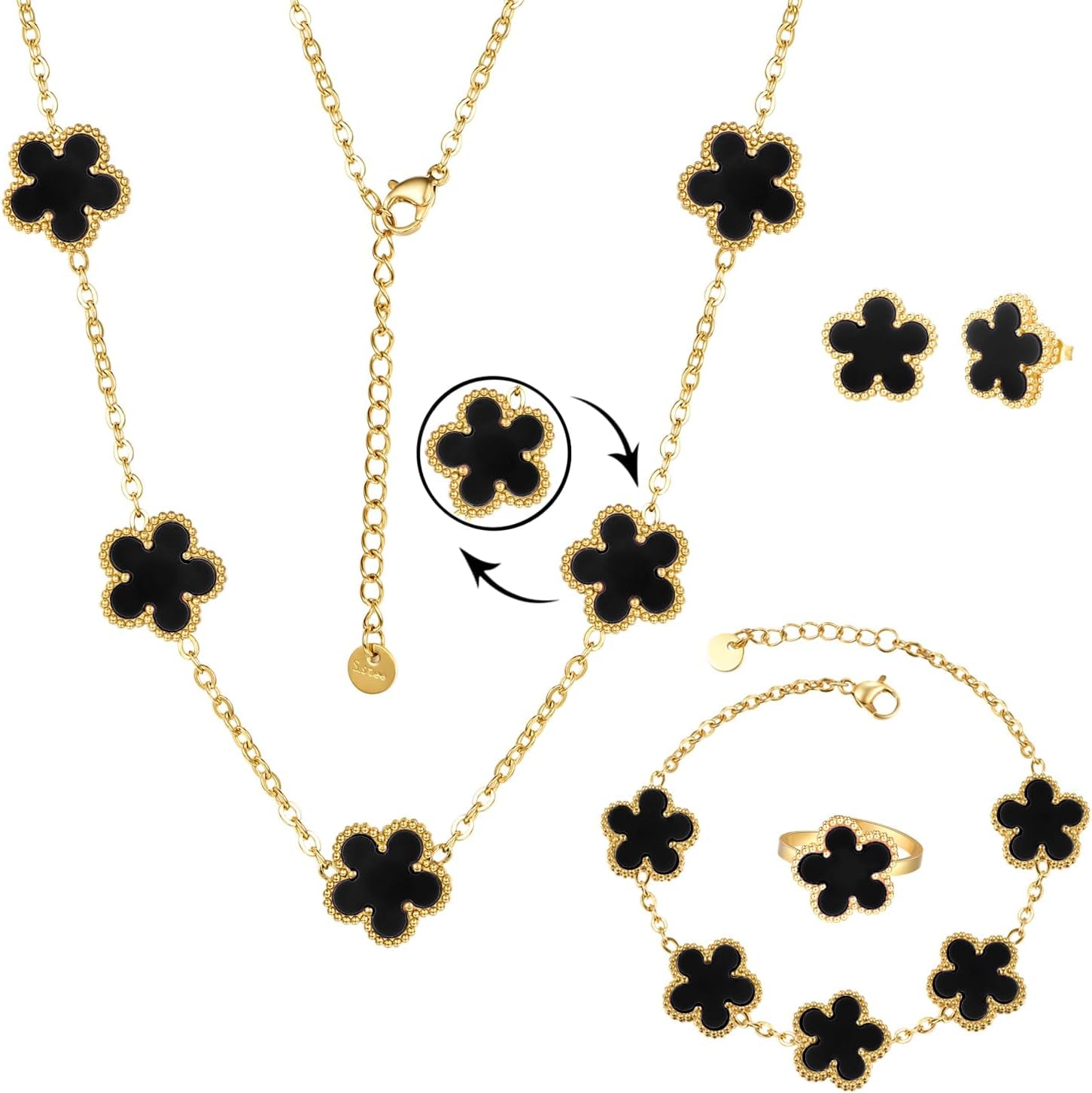 14K Gold Plated Double Sided Clover Bracelet Earring Necklace Rings Clover Sets for Women Lucky Jewelry