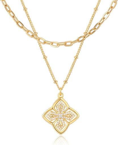 VALLOEY ROVER Gold Clover Necklace, Layered Necklaces for Women 14K Gold Plated Dainty Clover Pendant Necklace Set Link Chain Choker Necklaces Stackable Simple Gold Jewelry for Women