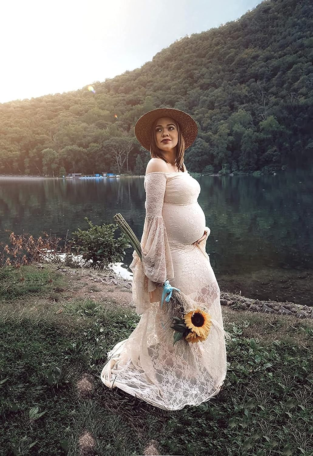 Saslax off Shoulder Lace Maternity Dress for Photography Maxi Maternity Props Dresses for Photo Shoot Baby Shower