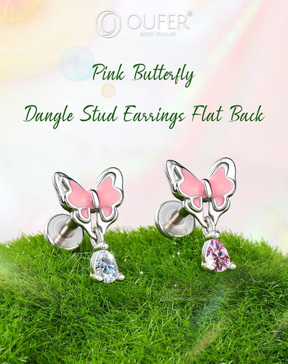 OUFER Pink Dangle Butterfly Cartilage Earrings Studs, Silver 16G Helix Earrings Flat Back Internally Threaded Helix Cartilage Tragus Piercing Jewelry for Women Men-6Mm
