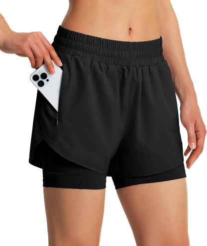 KSMIEN women's black 2-in-1 running shorts with phone pocket front view