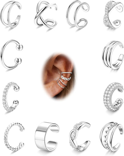 FUNRUN JEWELRY 12Pcs Ear Cuff Earrings for Women Non Piercing 14K Gold Plated Ear Cuffs Non Pierced Clip on Cartilage Earring Adjustable Fake Earrings