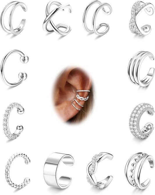 FUNRUN JEWELRY 12Pcs Ear Cuff Earrings for Women Non Piercing 14K Gold Plated Ear Cuffs Non Pierced Clip on Cartilage Earring Adjustable Fake Earrings