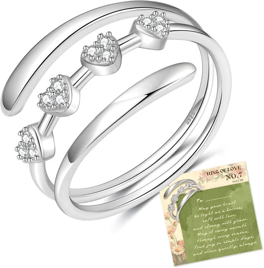 YOUNGYUE Heart Love Sterling Silver Rings for Women Adjustable 925 Sterling Silver Rings Non Tarnish Cubic Zirconia Rings for Women Gitf for Her with Card
