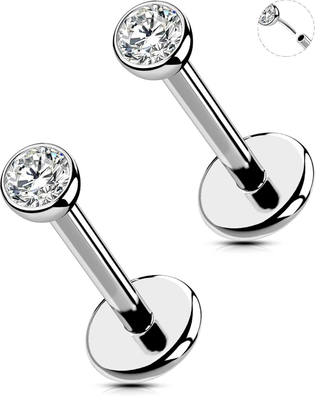 OUFER 2Pcs 20G/18G/16G G23 Titanium Threadless Nose Stud Earrings Flat Back Tiny CZ Small Nose Helix Cartilage Tragus Conch Labret Medusa Monroe Piercing Jewelry for Women Men