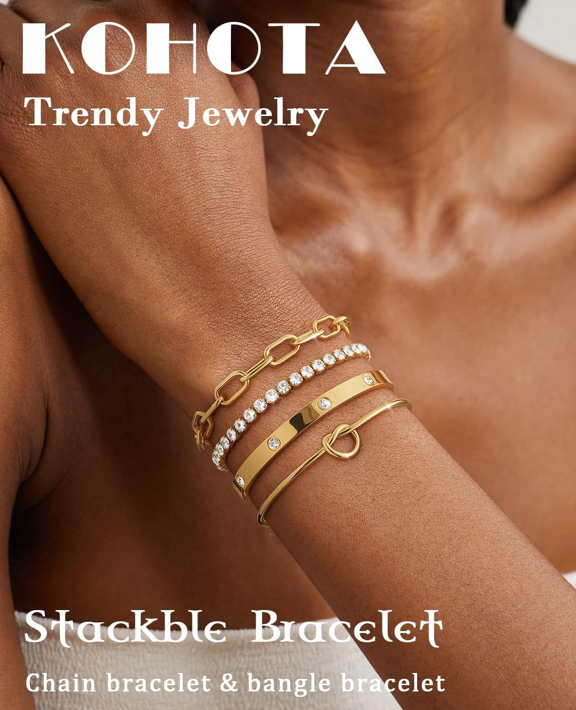 KOHOTA Chunky Gold Bracelets for Women Non Tarnish 14K Gold Plated Cuff Bracelet Stack Trendy Love Bangle Bracelets Stackable Tennis Bracelet Set Tie Knot Cuban Paperclip Figaro Chain Jewelry Gifts