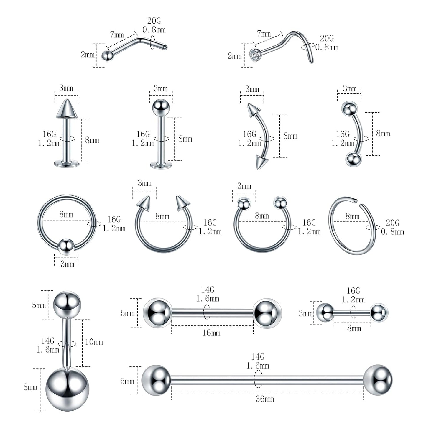 120PCS Body Piercing Kit Surgical Steel 14G 16G 20G BCR CBR Labret Lip Rings Cartilage Daith Earrings Nose Septum Nose Studs Belly Button Rings Jewelry Needles Gloves Clamps Tools