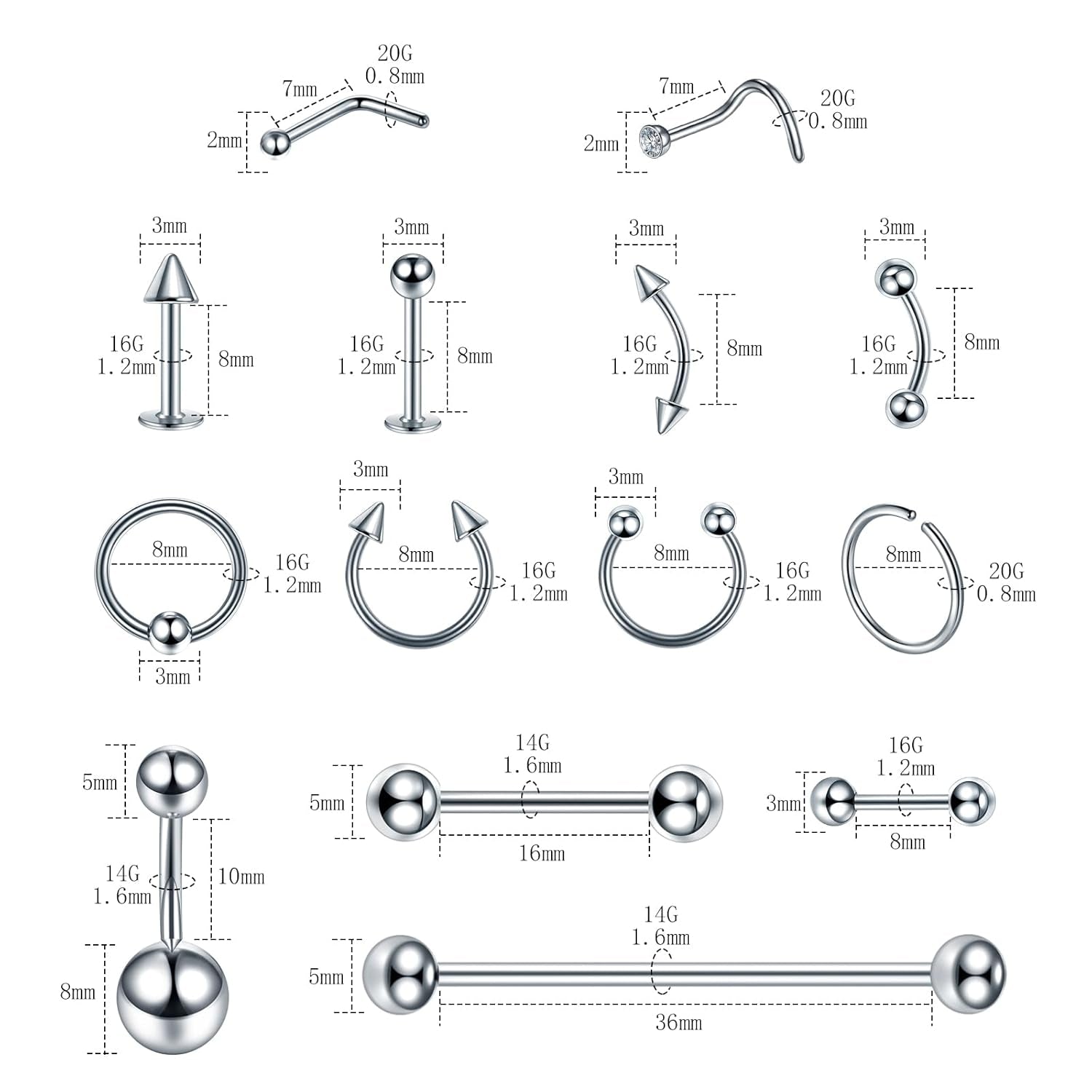 120PCS Body Piercing Kit Surgical Steel 14G 16G 20G BCR CBR Labret Lip Rings Cartilage Daith Earrings Nose Septum Nose Studs Belly Button Rings Jewelry Needles Gloves Clamps Tools