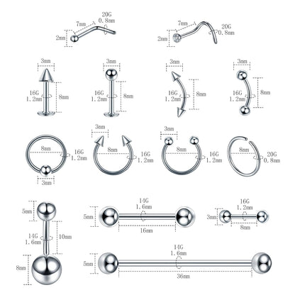 120PCS Body Piercing Kit Surgical Steel 14G 16G 20G BCR CBR Labret Lip Rings Cartilage Daith Earrings Nose Septum Nose Studs Belly Button Rings Jewelry Needles Gloves Clamps Tools