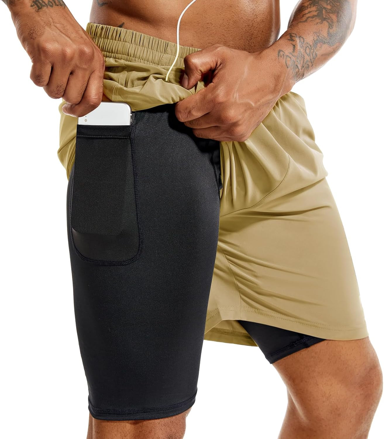 Men's gym shorts with integrated compression liner technology