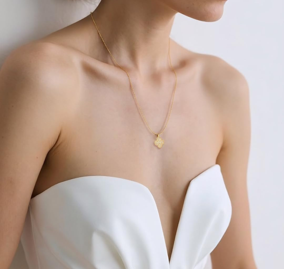 Diamond Four Leaf Clover Necklace for Women, 18K Gold Plated Adjustable Chain with Sparkling CZ Pendant, Elegant and Lucky Fashion Jewelry, Gifts for Women