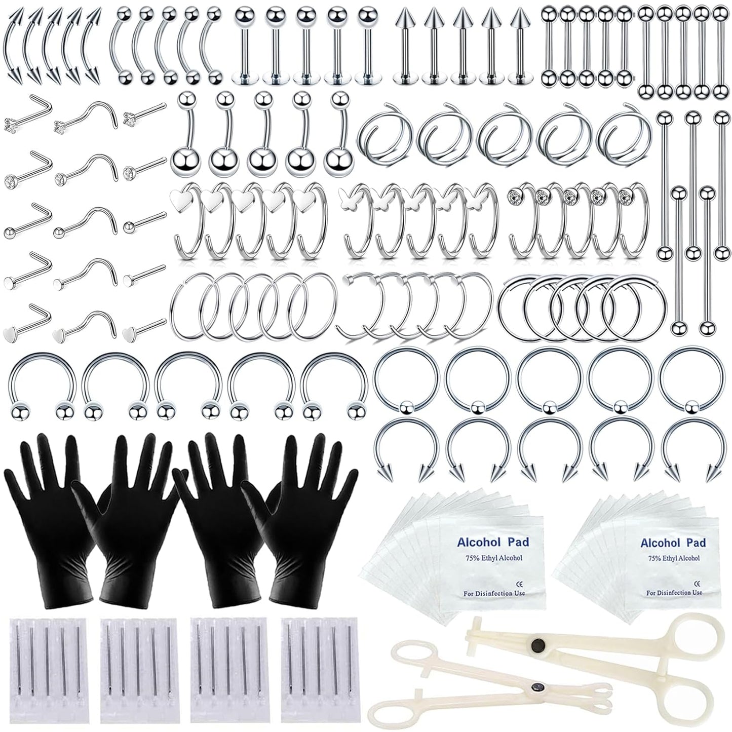 94PCS Mixed-Pack Piercing Kits for All Body Piercings Stainless Steel 14G 16G 20G Jewelry and Needle with Tools Nose Septum Lip Ear Belly Button Cartilage Tragus
