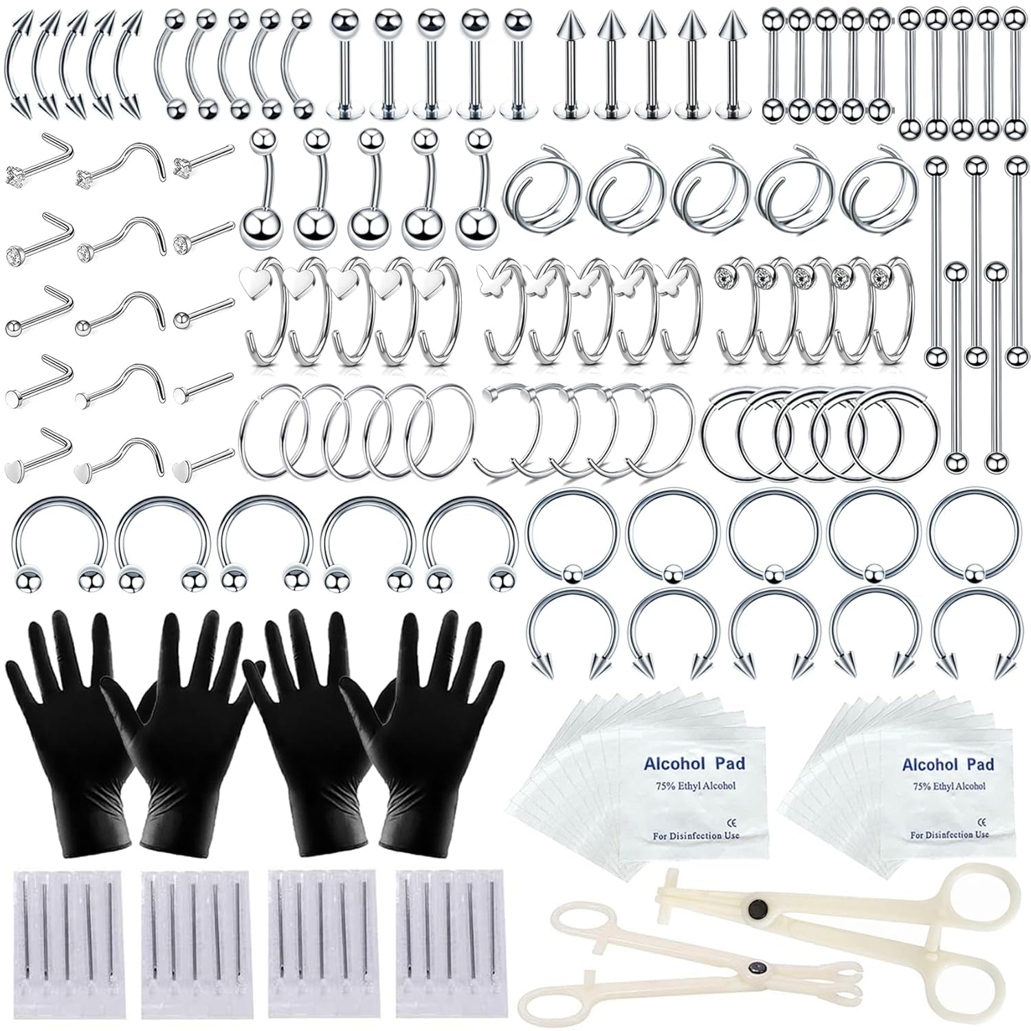 94PCS Mixed-Pack Piercing Kits for All Body Piercings Stainless Steel 14G 16G 20G Jewelry and Needle with Tools Nose Septum Lip Ear Belly Button Cartilage Tragus