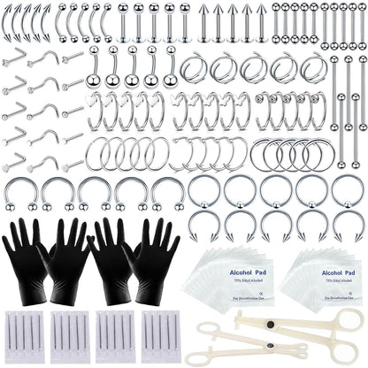 94PCS Mixed-Pack Piercing Kits for All Body Piercings Stainless Steel 14G 16G 20G Jewelry and Needle with Tools Nose Septum Lip Ear Belly Button Cartilage Tragus