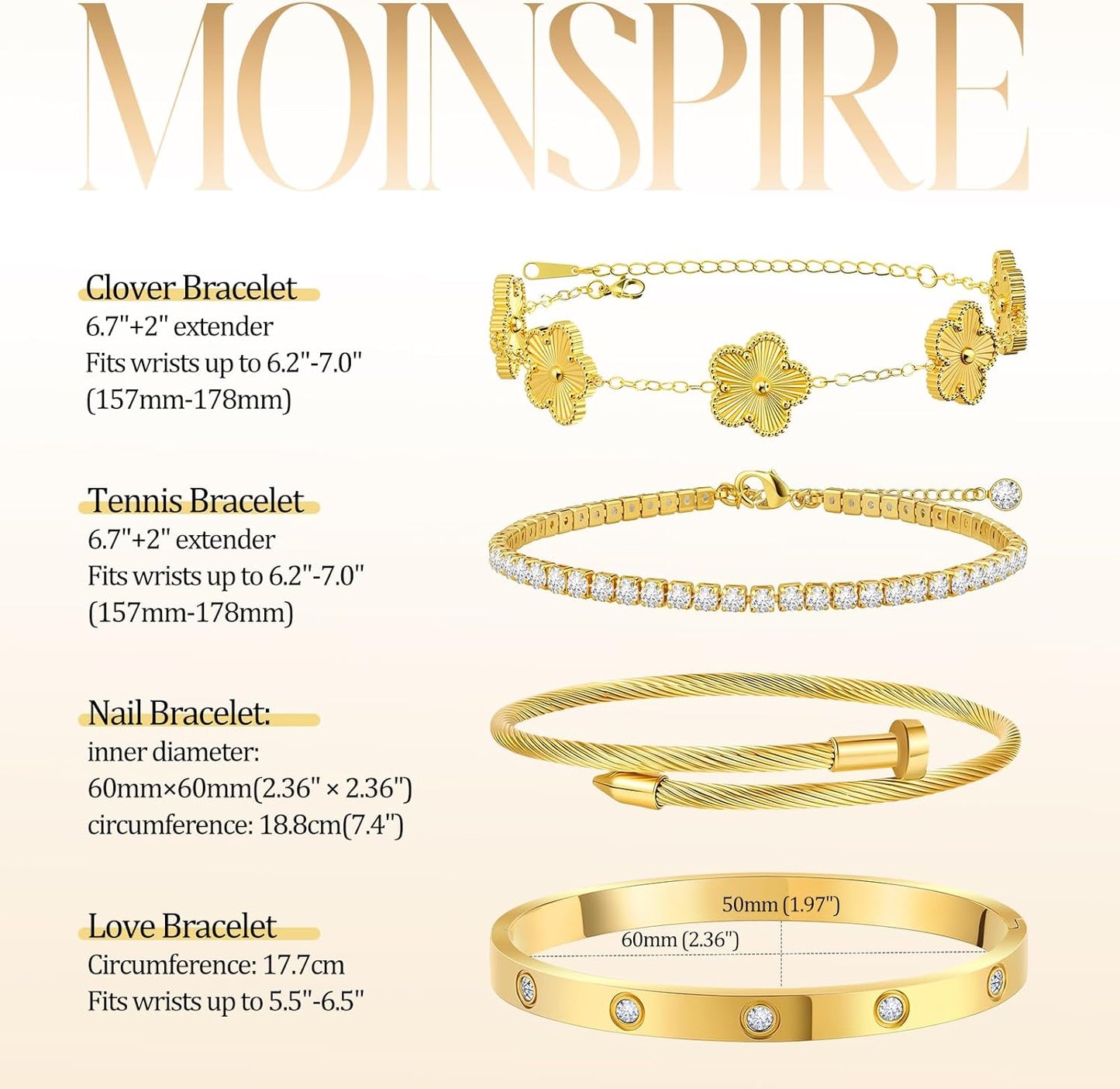 Gold Bracelets for Women, 18K Gold Plated Tennis Nail Clover Love Bangle Bracelets Set Non Tarnish, Stainless Steel Trendy Stackable Bracelet Fashion Jewelry Accessories Gifts for Christmas