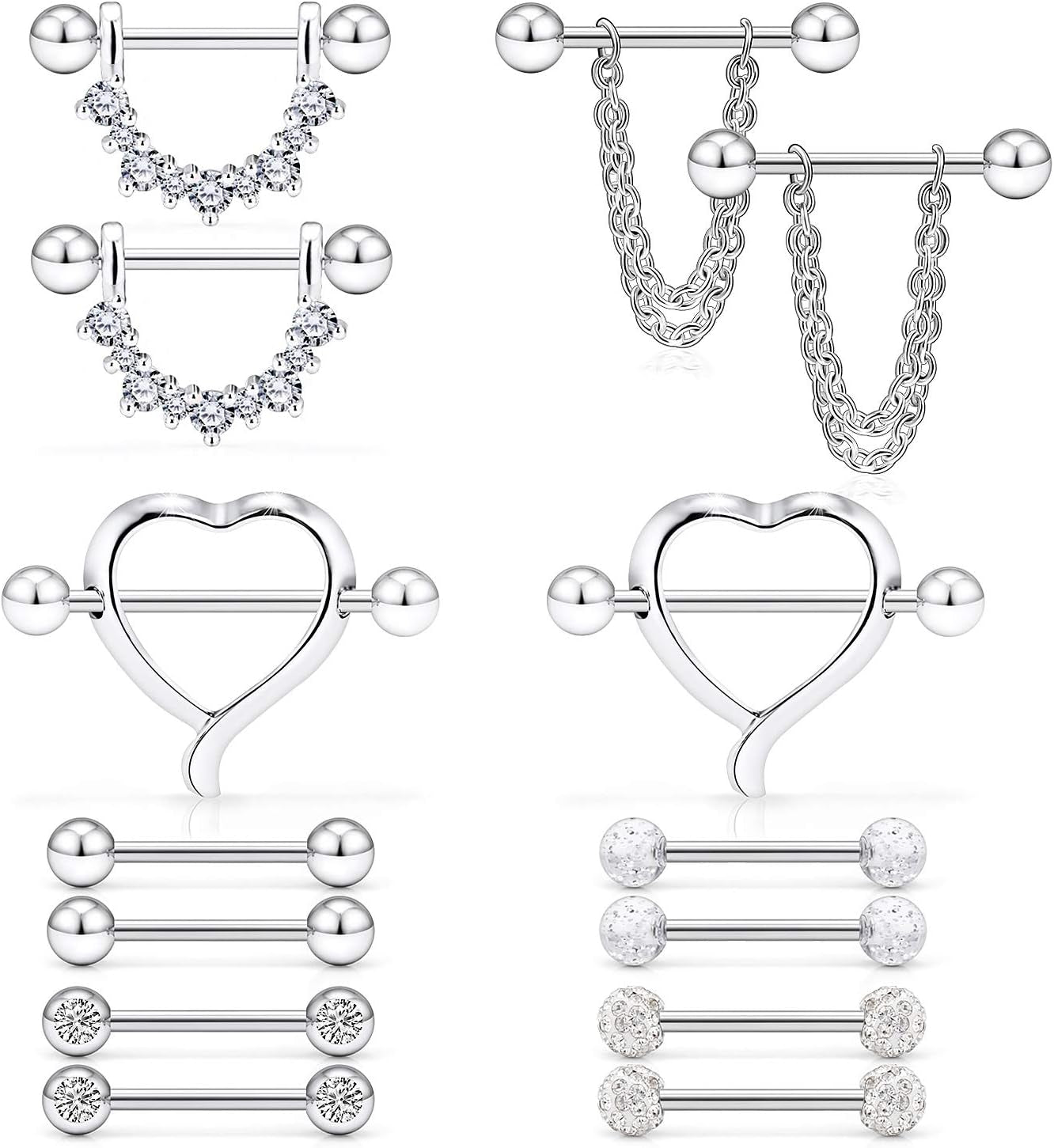 Ruifan 14G 9/16Inch Crystal Ball Nipple Tongue Shield Ring Barbell Body Piercing Jewelry Retainer 8-14PCS