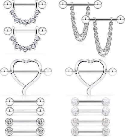 Ruifan 14G 9/16Inch Crystal Ball Nipple Tongue Shield Ring Barbell Body Piercing Jewelry Retainer 8-14PCS