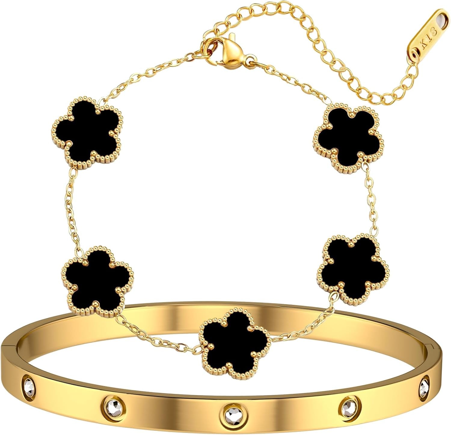 18K Gold Plated Lucky Clover Bracelet and Friendship Love Bangle Bracelets Set for Women Girlfriend Gold Cubic Zirconia Bracelet Set, Christmas Valentines Wedding Birthday Gifts