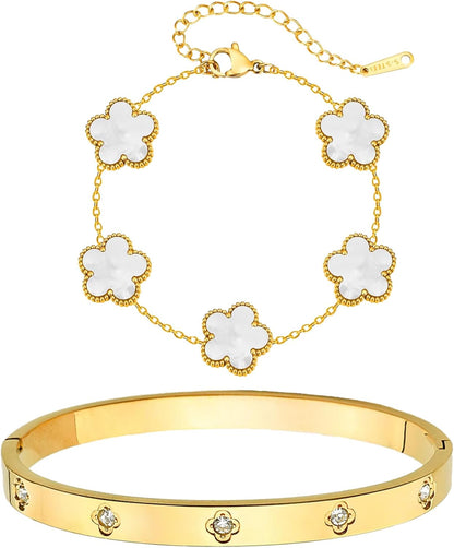 Double lucky 18K gold plated stackable clover bangle set